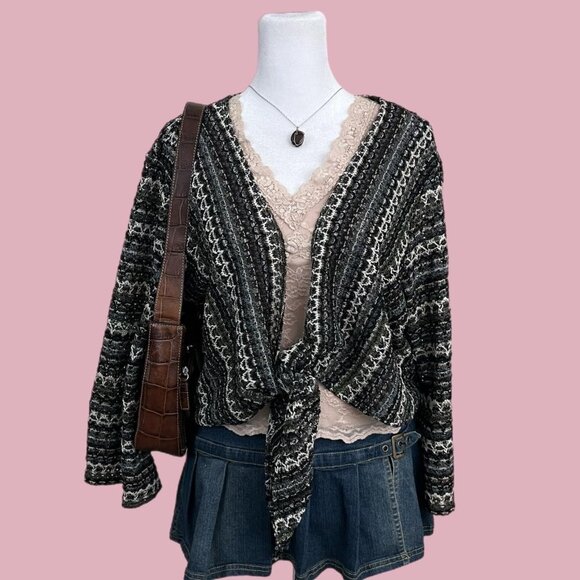 vintage 90s striped netted boho granola whimsygoth tie front cardigan - Picture 1 of 8